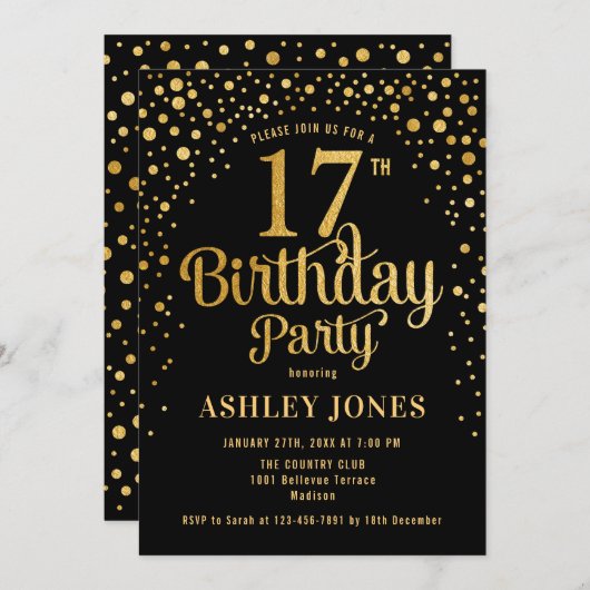 Invitation 17e fête d'anniversaire - Noir & Or (Devant / Derrière)