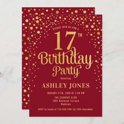 Invitation 17e fête d'anniversaire - Rouge & Or (Devant / Derrière)