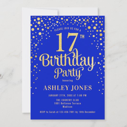 Invitation 17e fête d'anniversaire - Royal Blue & Gold (Devant)