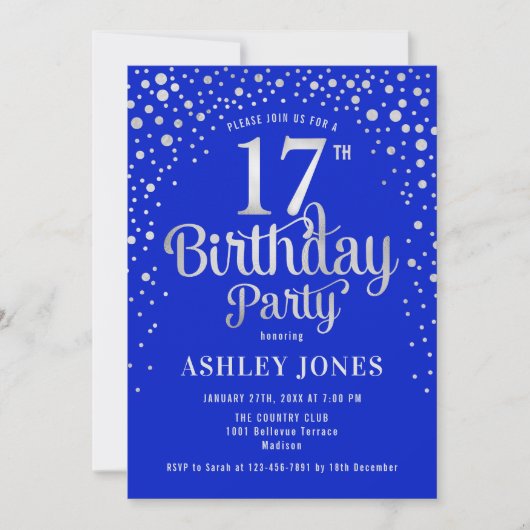 Invitation 17e fête d'anniversaire - Royal Blue & Silver (Devant)