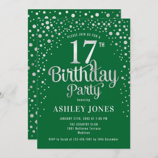 Invitation 17e fête d'anniversaire - Vert & Argent (Devant / Derrière)