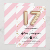 Invitation 17ème anniversaire - Ballons roses et Ballons d'or (Devant / Derrière)