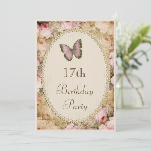 Invitation 17ème Roses vintages papillon, notes (Debout devant)