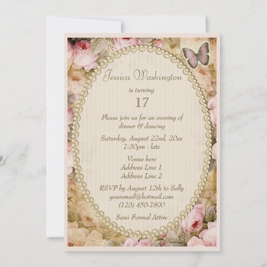 Invitation 17ème Roses vintages papillon, notes (Dos)