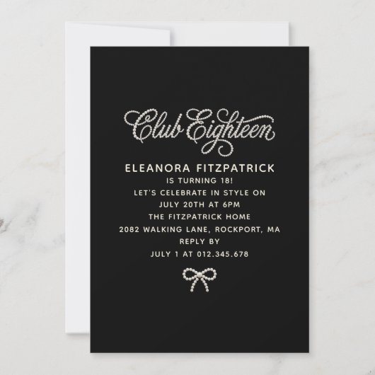 Invitation 18 ans Noir Blanc Perle Script Ruban (Devant)