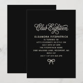 Invitation 18 ans Noir Blanc Perle Script Ruban (Devant / Derrière)