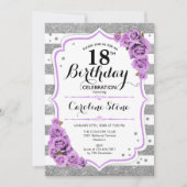 Invitation 18e anniversaire - Argent blanc rayures Roses viol (Devant)