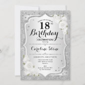 Invitation 18e anniversaire - Argent rayures Roses blanches (Devant)