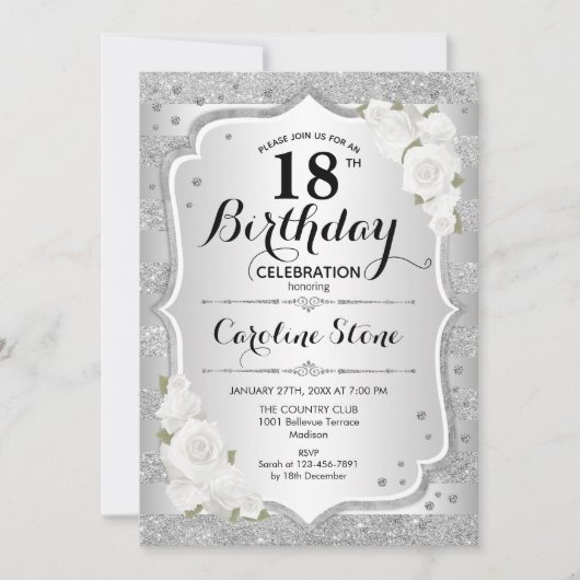 Invitation 18e anniversaire - Argent rayures Roses blanches (Devant)