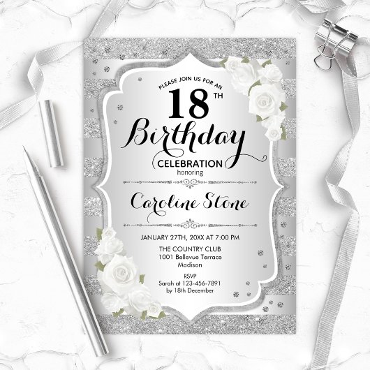 Invitation 18e anniversaire - Argent rayures Roses blanches