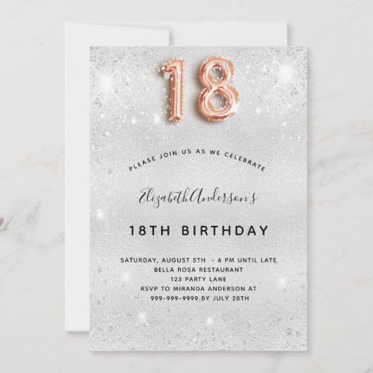 Invitation 18e anniversaire argent rose éclat or (Devant)