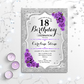 Invitation 18e anniversaire - Argent Stripes Roses violets