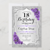 Invitation 18e anniversaire - Argent Stripes Roses violets (Devant)