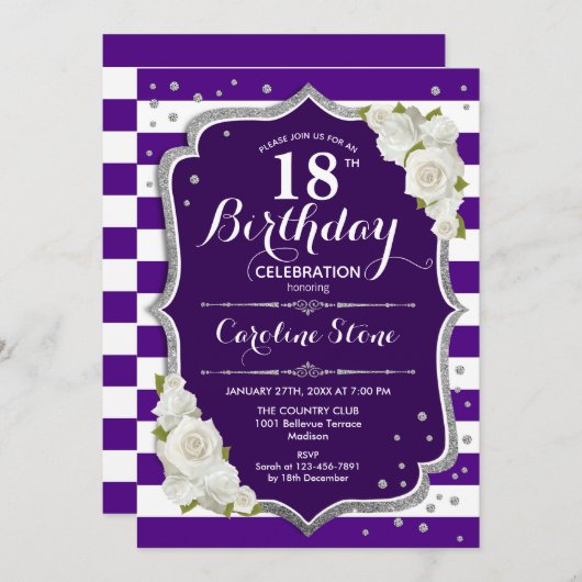 Invitation 18e anniversaire - Argent violet blanc rayures Ros (Devant / Derrière)