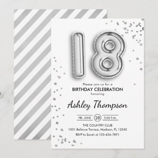 Invitation 18e anniversaire - Ballons d'argent (Devant / Derrière)