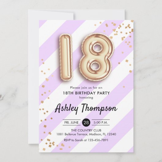 Invitation 18e anniversaire - Ballons d'or à rayures violette (Devant)