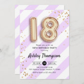 Invitation 18e anniversaire - Ballons d'or à rayures violette (Devant / Derrière)