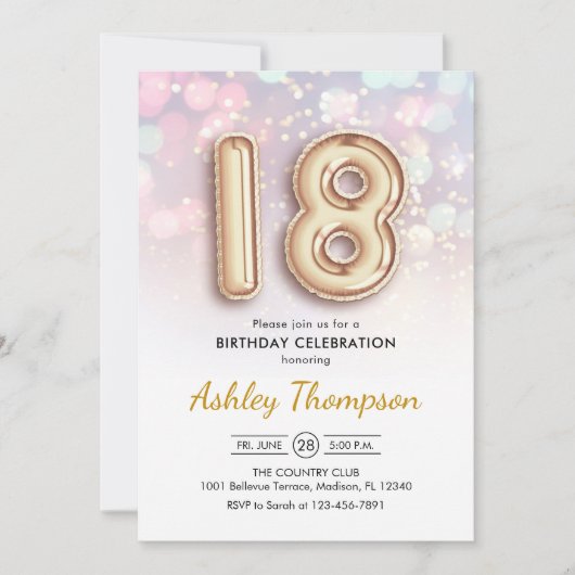 Invitation 18e anniversaire - Ballons d'or Lumières roses (Devant)