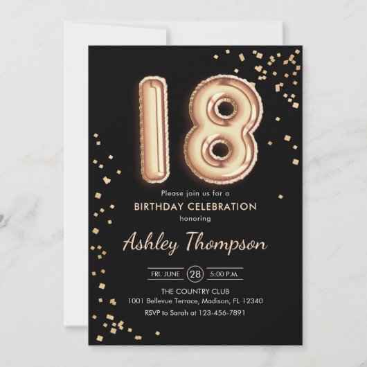 Invitation 18e anniversaire - Ballons d'or Noir (Devant)