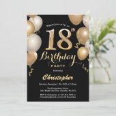Invitation 18e anniversaire Ballons Noir et Or Confetti (Debout devant)