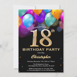 Invitation 18e anniversaire Ballons noirs et dorés