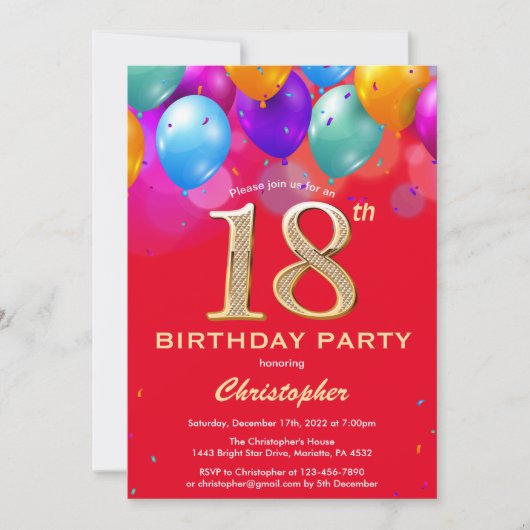 Invitation 18e anniversaire Ballons rouges et dorés (Devant)