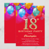 Invitation 18e anniversaire Ballons rouges et dorés (Devant / Derrière)