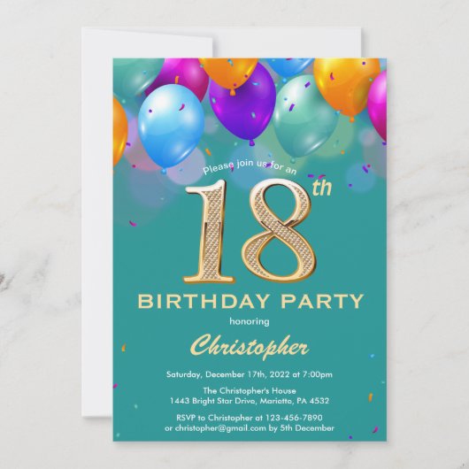 Invitation 18e anniversaire Ballons Turquoises et dorés (Devant)