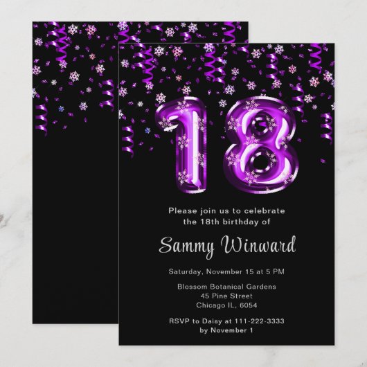 Invitation 18e anniversaire Ballons violets Snowflake Confett (Devant / Derrière)