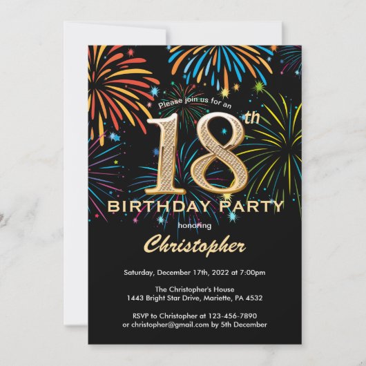 Invitation 18e anniversaire Black and Gold Rainbow Fireworks (Devant)