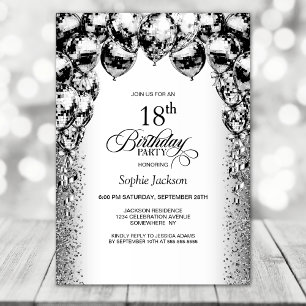 Invitation 18e anniversaire Black and White Balloons Party