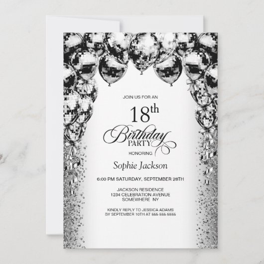 Invitation 18e anniversaire Black and White Balloons Party (Devant)