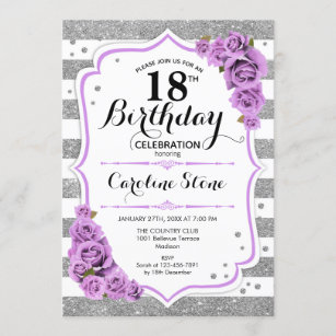 Invitation 18e anniversaire - Blancs d'argent Roses violets