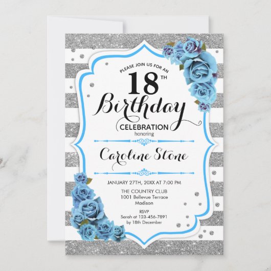 Invitation 18e anniversaire - Bleu Argent Blancs (Devant)