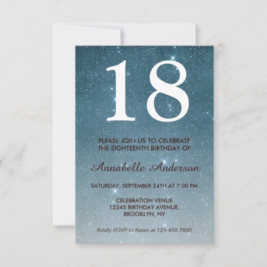 Invitation 18e anniversaire Bleu Minuit Nuit Sky Star Étincel (Devant)