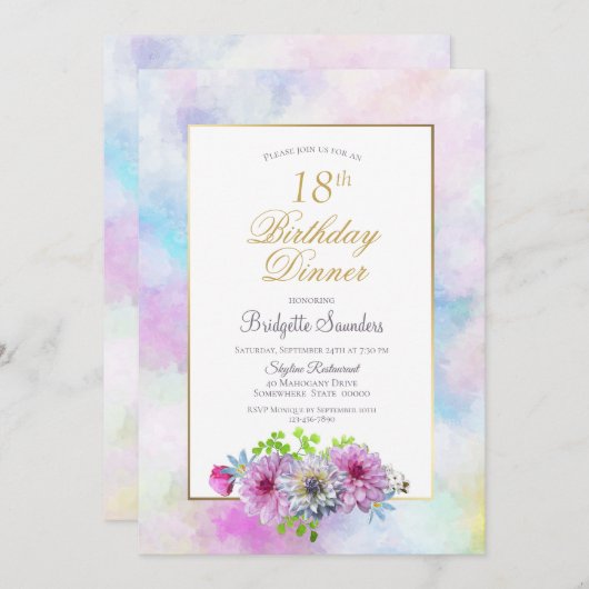 Invitation 18e anniversaire Blue rose Floral Pastel Dîner (Devant / Derrière)
