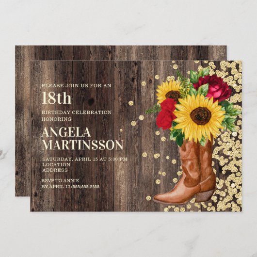 Invitation 18e anniversaire Bottes en bois rustique tournesol (Devant / Derrière)