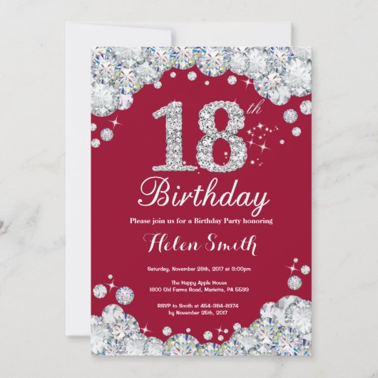 Invitation 18e anniversaire Bourgogne Rouge et Diamant Argent (Devant)