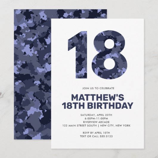 Invitation 18E Anniversaire, Camo Bleu Ado personnalisé (Devant / Derrière)