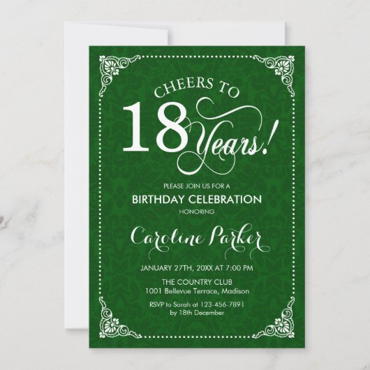 Invitation 18e anniversaire - Damas vert (Devant)