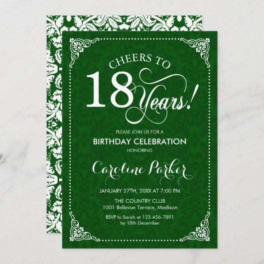 Invitation 18e anniversaire - Damas vert (Devant / Derrière)
