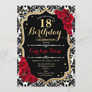 Invitation 18e anniversaire - Damask Black Gold Red Roses