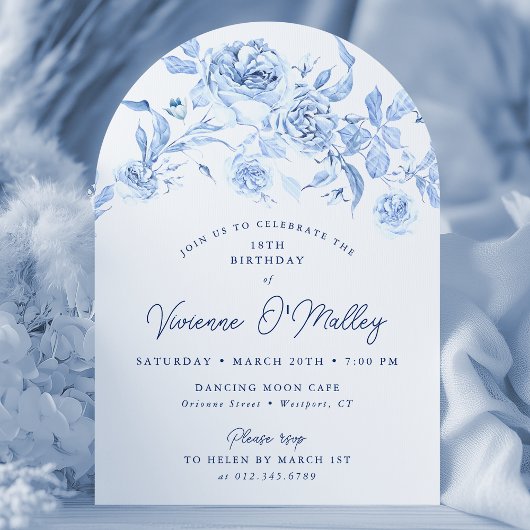 Invitation 18e anniversaire de fête Blue Floral Arch Forme