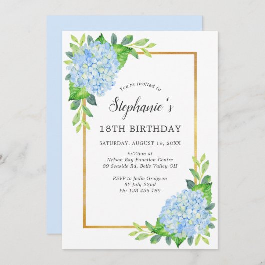 Invitation 18e anniversaire de la frontière Blue Hydrangea (Devant / Derrière)