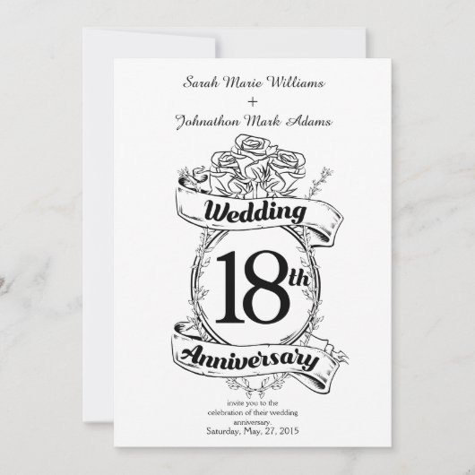 Invitation 18e Anniversaire de Mariage Roses Noires et Blanch (Devant)