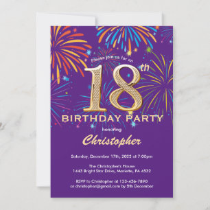 Invitation 18e anniversaire de violet et d'or arc-en-ciel feu