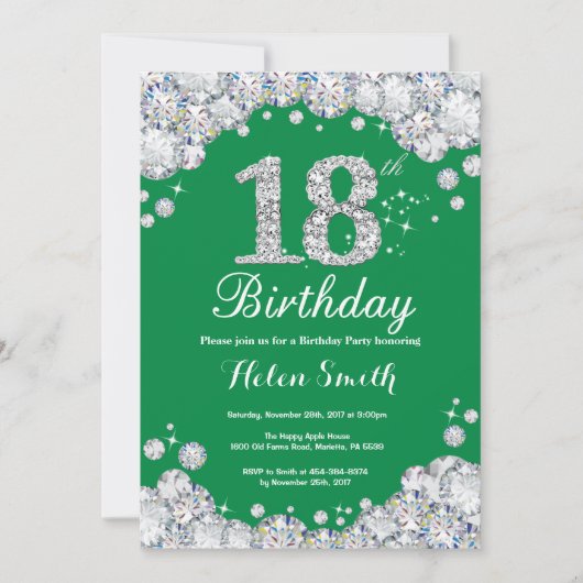Invitation 18e anniversaire Diamant vert et argent (Devant)