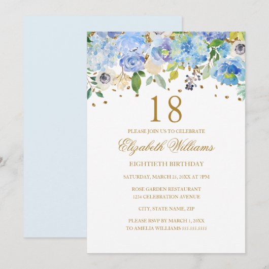 Invitation 18e anniversaire Elégant Blue Gold Floral Invitati (Devant / Derrière)