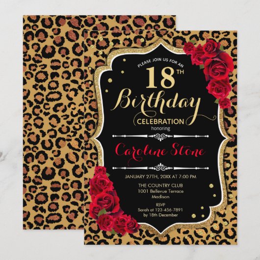 Invitation 18e anniversaire - Empreinte de léopard de Red Ros (Devant / Derrière)