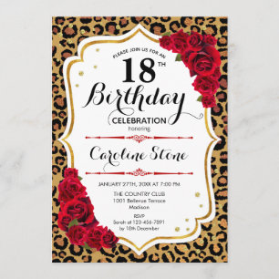 Invitation 18e anniversaire - Empreinte de léopard d'or rouge